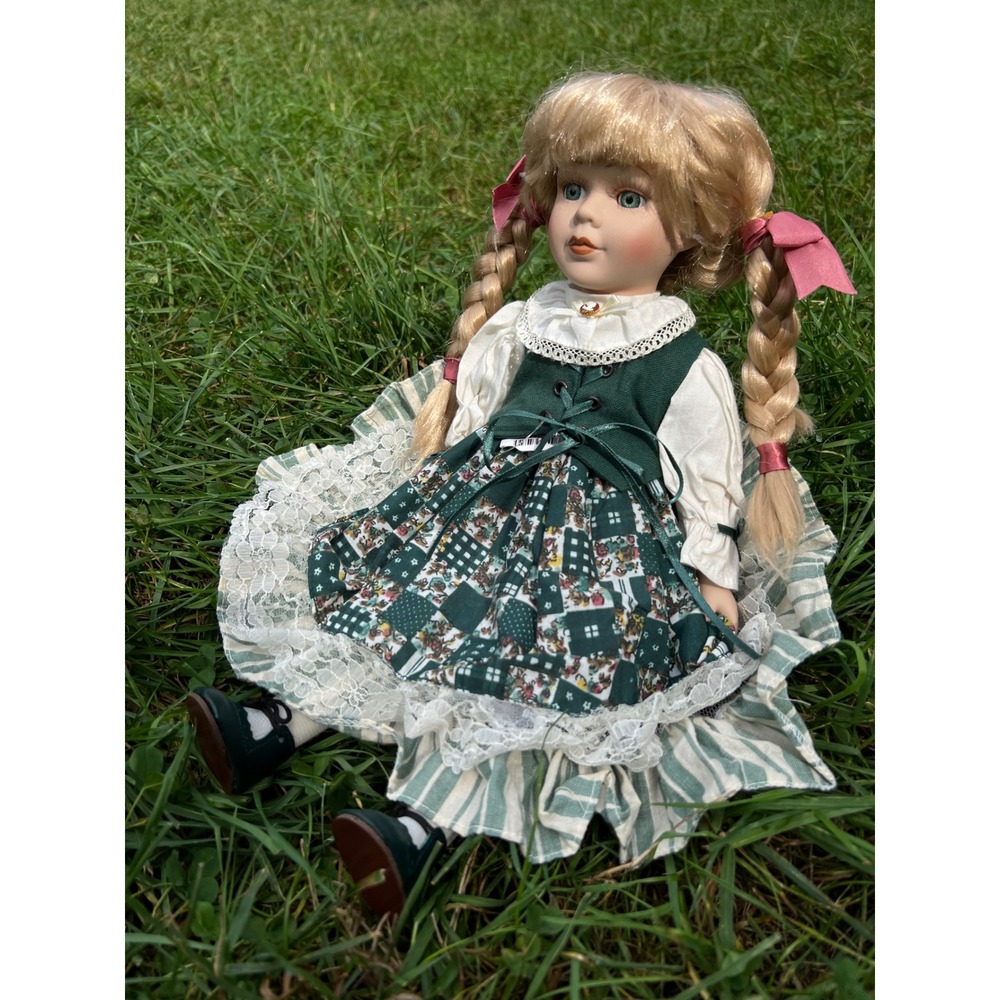 Vintage 1990s Porcelain Blond Braids Doll with Green Folk Dress 15"